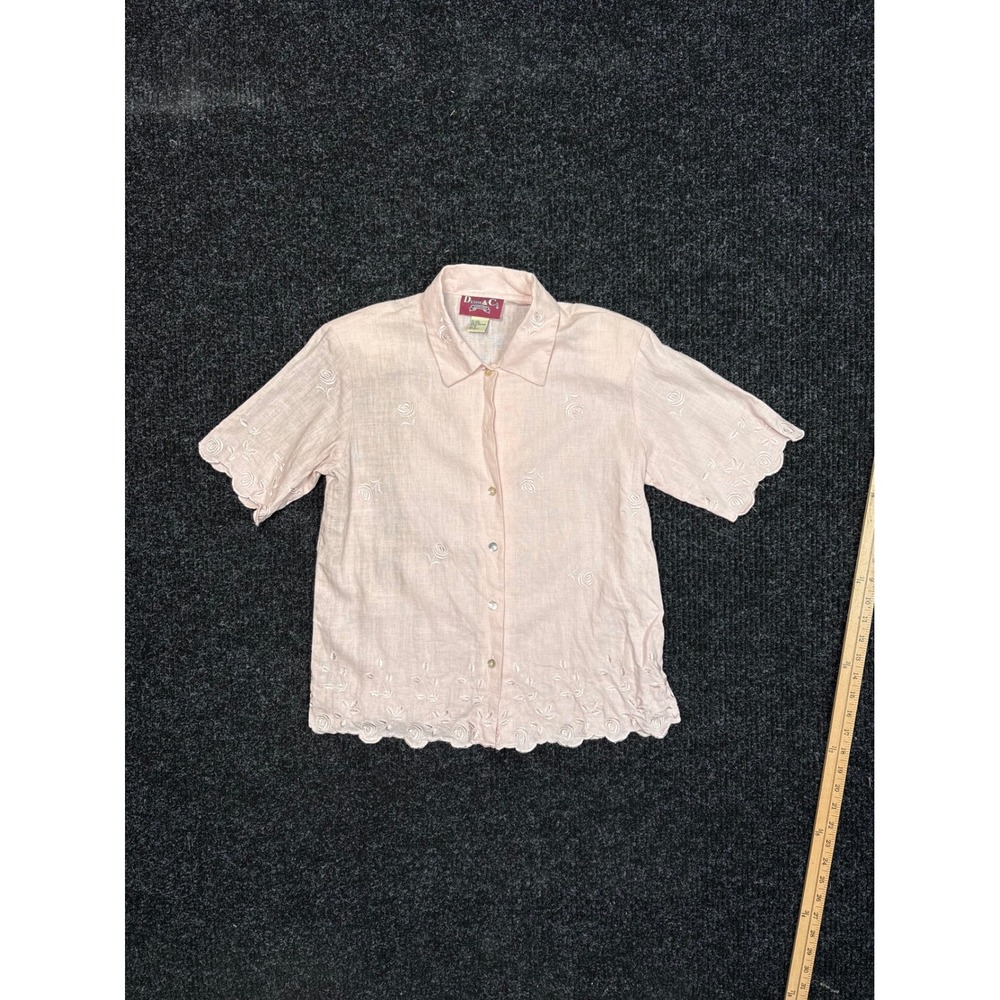 Denim & Co Pink Linen Blend Embroidered Rose Scalloped Button Down Shirt Small